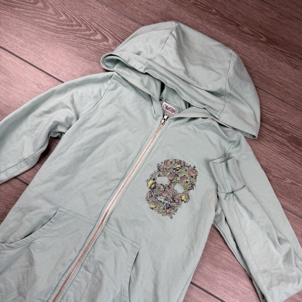 Lauren Moshi Women's Full Zip Hooded Floral Skull Sweatshirt Mint Medium Read